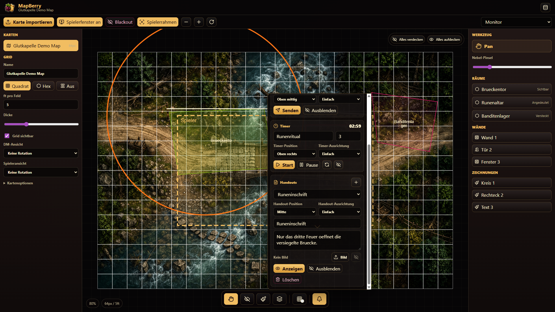 MapBerry Live-Werkzeuge für Nachricht, Timer und Handout