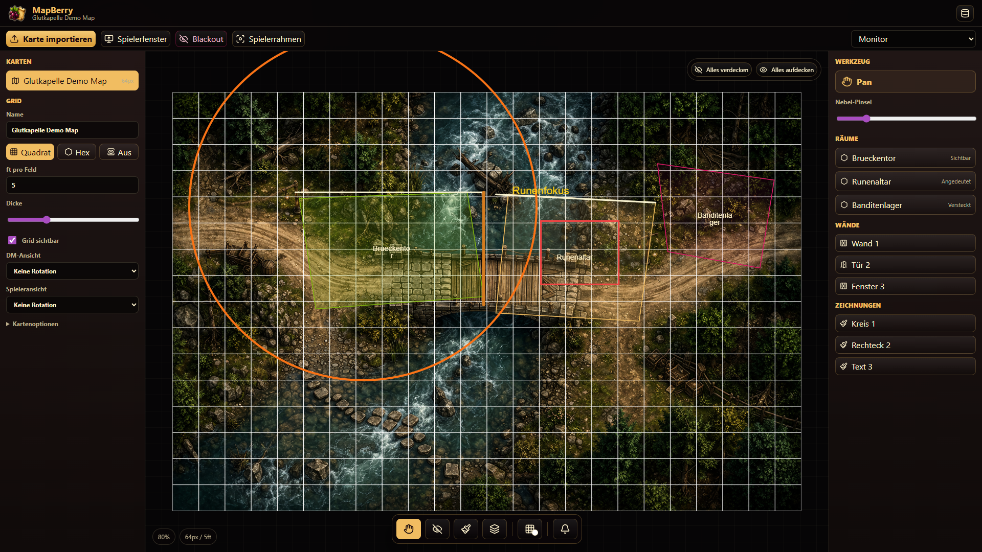 MapBerry Karten-App mit Demo Map, Grid und Werkzeugleisten