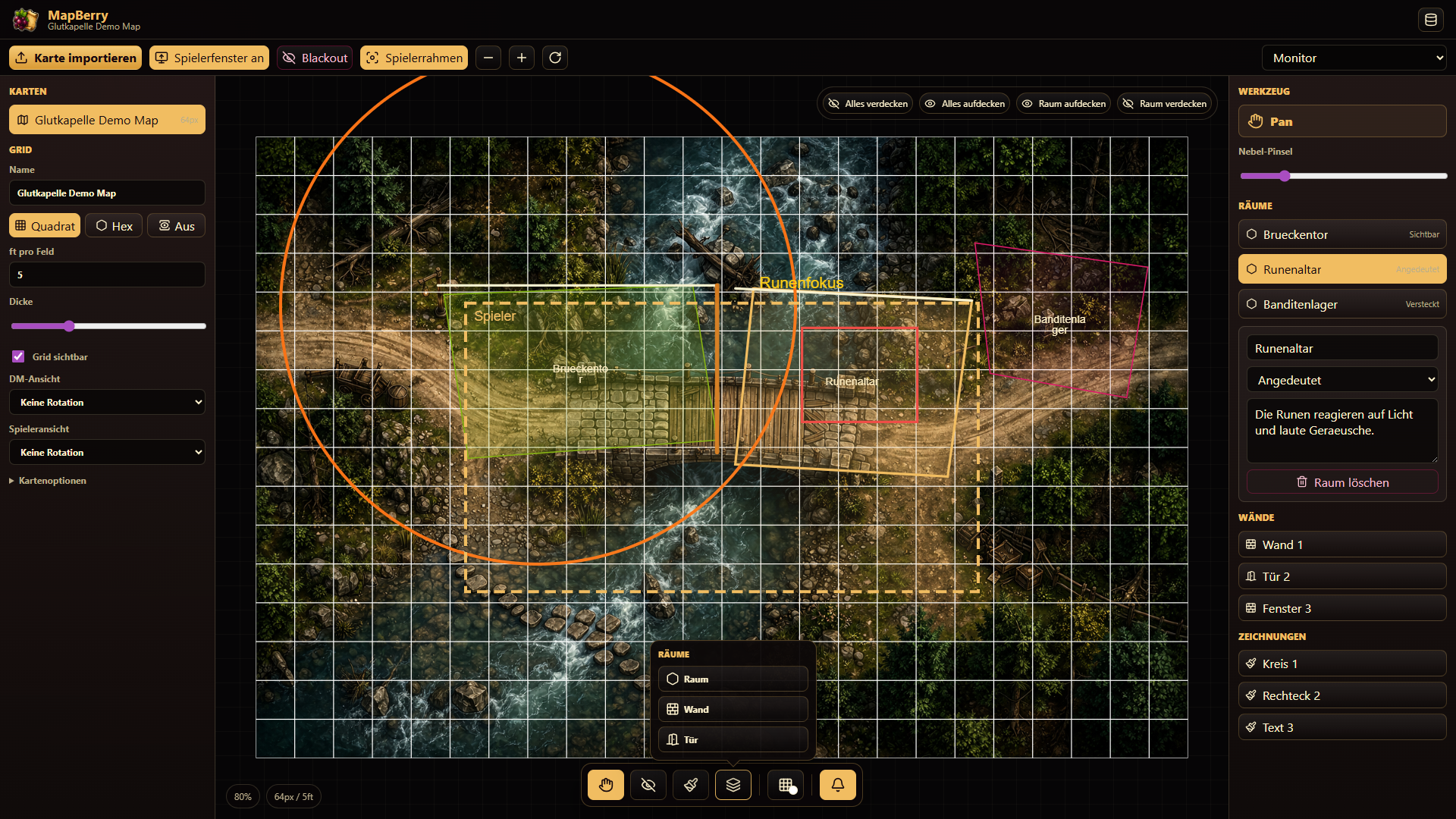 MapBerry Strukturwerkzeuge mit Räumen, Türen und Zeichnungen