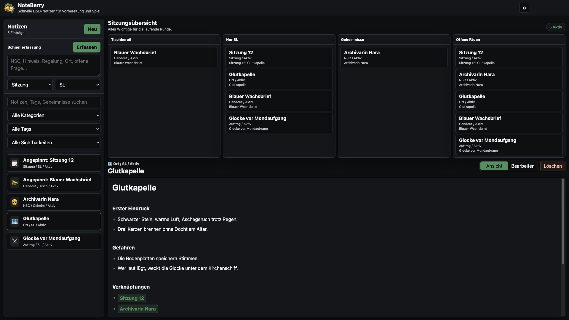 NoteBerry Ortsnotiz mit Gefahren und Spielleiterinformationen